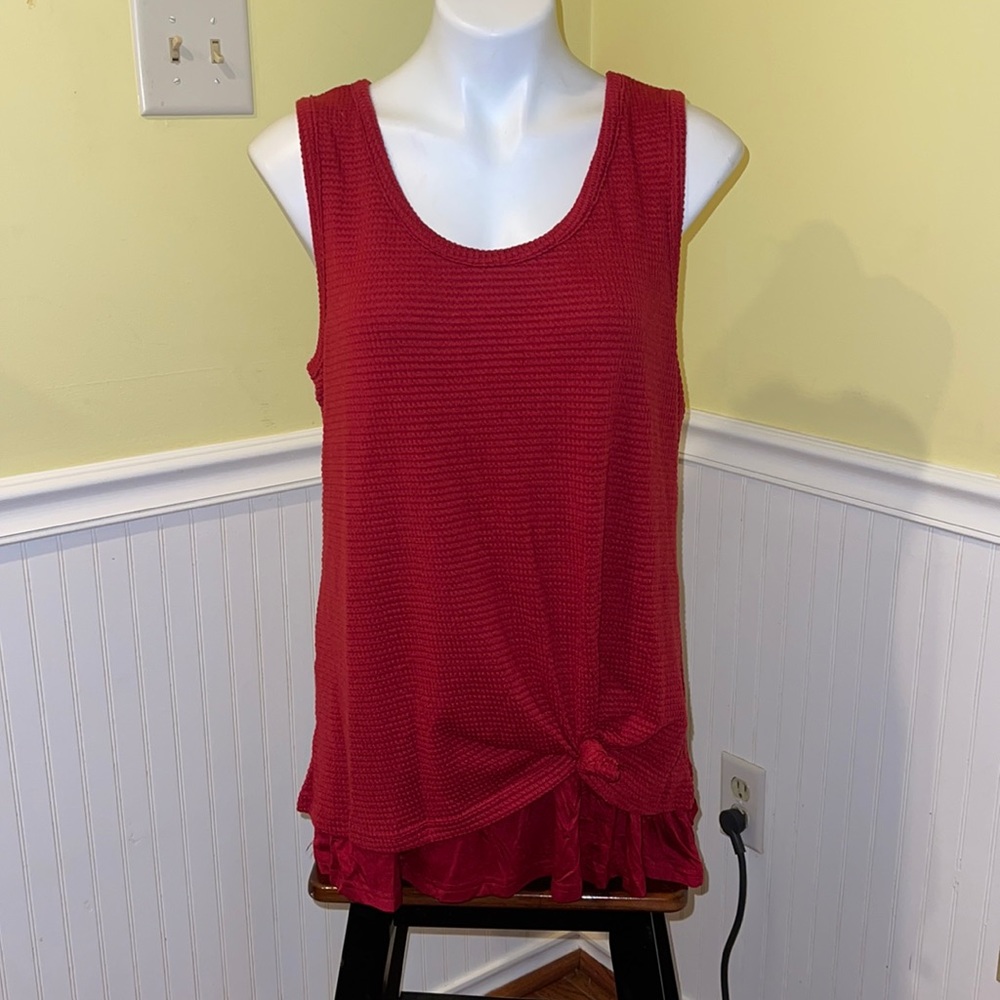 Cocoleggings round neck waffle knit tie knot tank top red Large Amazon brand